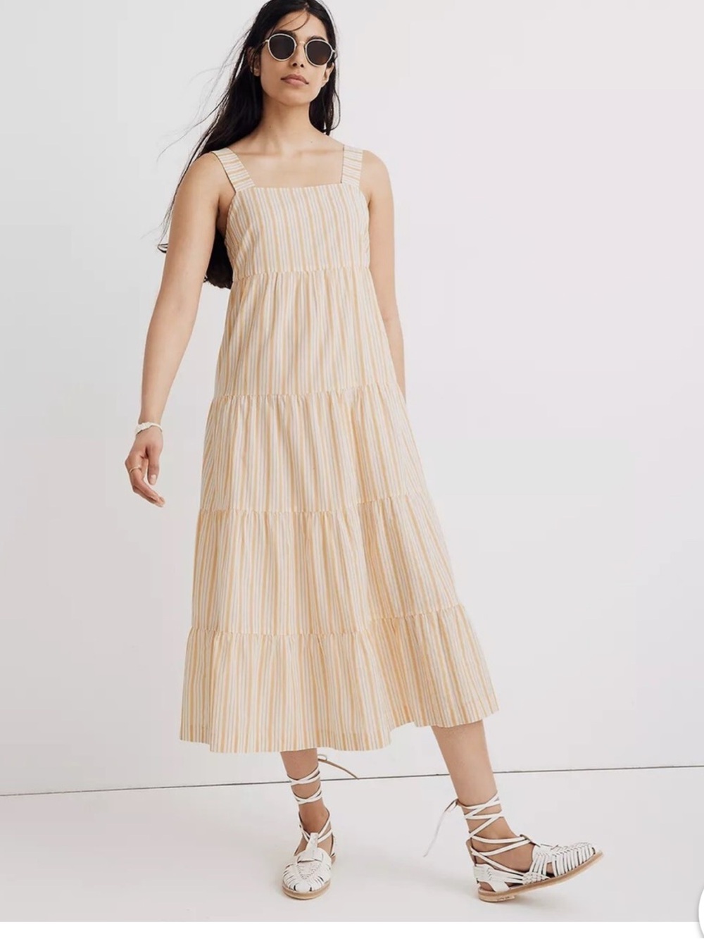 Madewell Yellow Striped Button Back Tiered Midi Dress size 6 M
